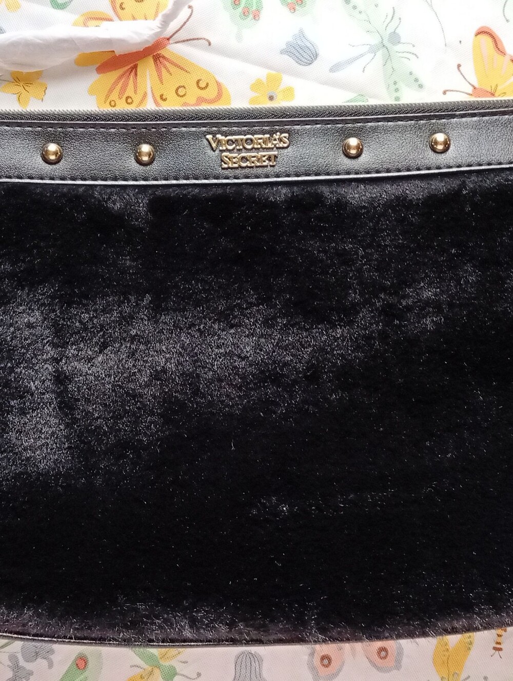 Vintage Victoria's Secret Black Faux Fur Shoulder Bag with Gold Studs